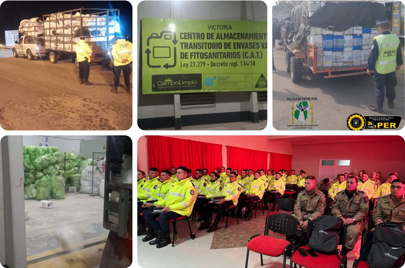 Un collage de imágenes ilustra las distintas actividades que se realizaron durante el mes de agosto en la provincia de Entre Ríos: capacitaciones sobre el tránsito de envases vacíos de fitosanitarios, procedimientos de control para detectar el traslado irregular de residuos peligrosos y depósitos en centros de almacenamiento transitorios para el correcto tratamiento de los mismos.