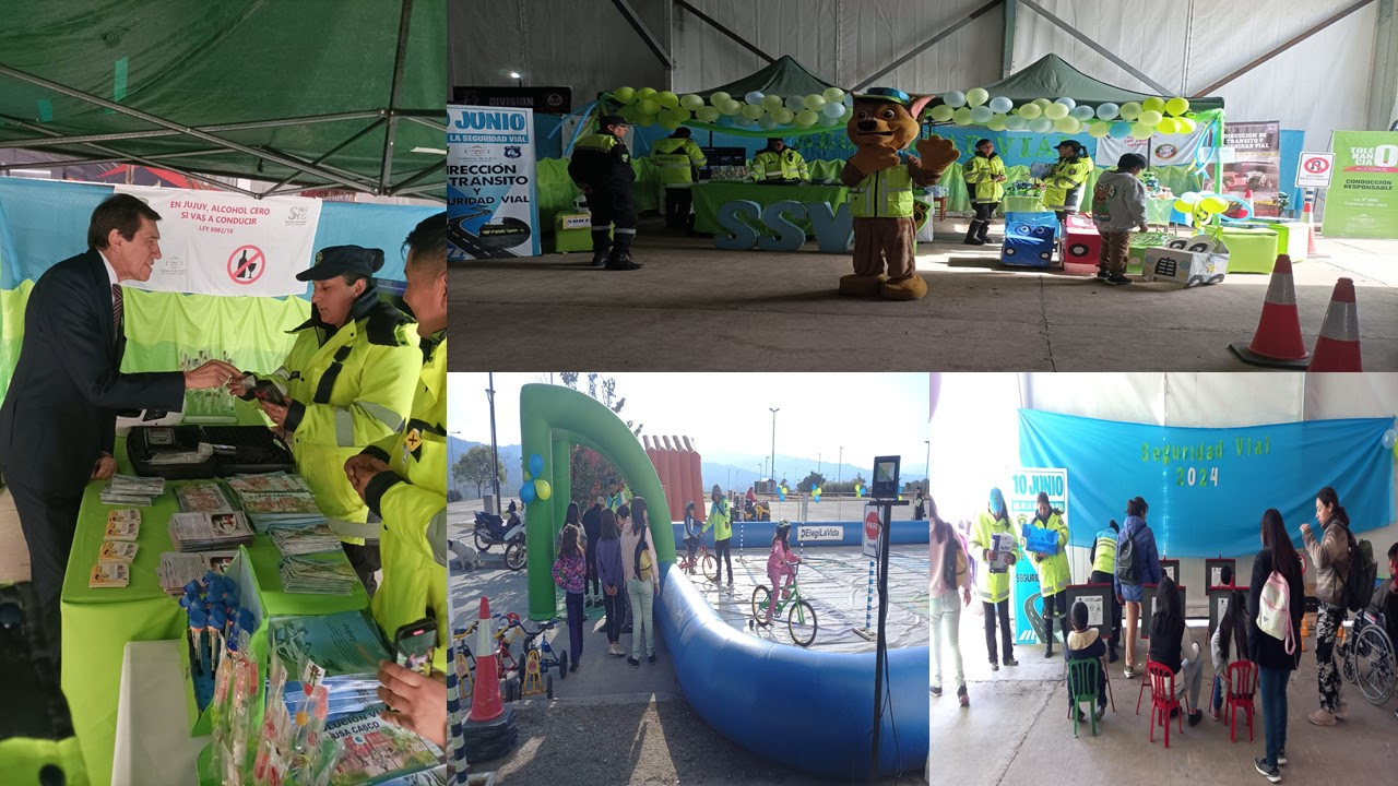 Personas interactúan en el stand informativo de la Secretaría de Seguridad Vial y Dirección de Tránsito de Seguridad Vial, durante la Expo Policial 2024.